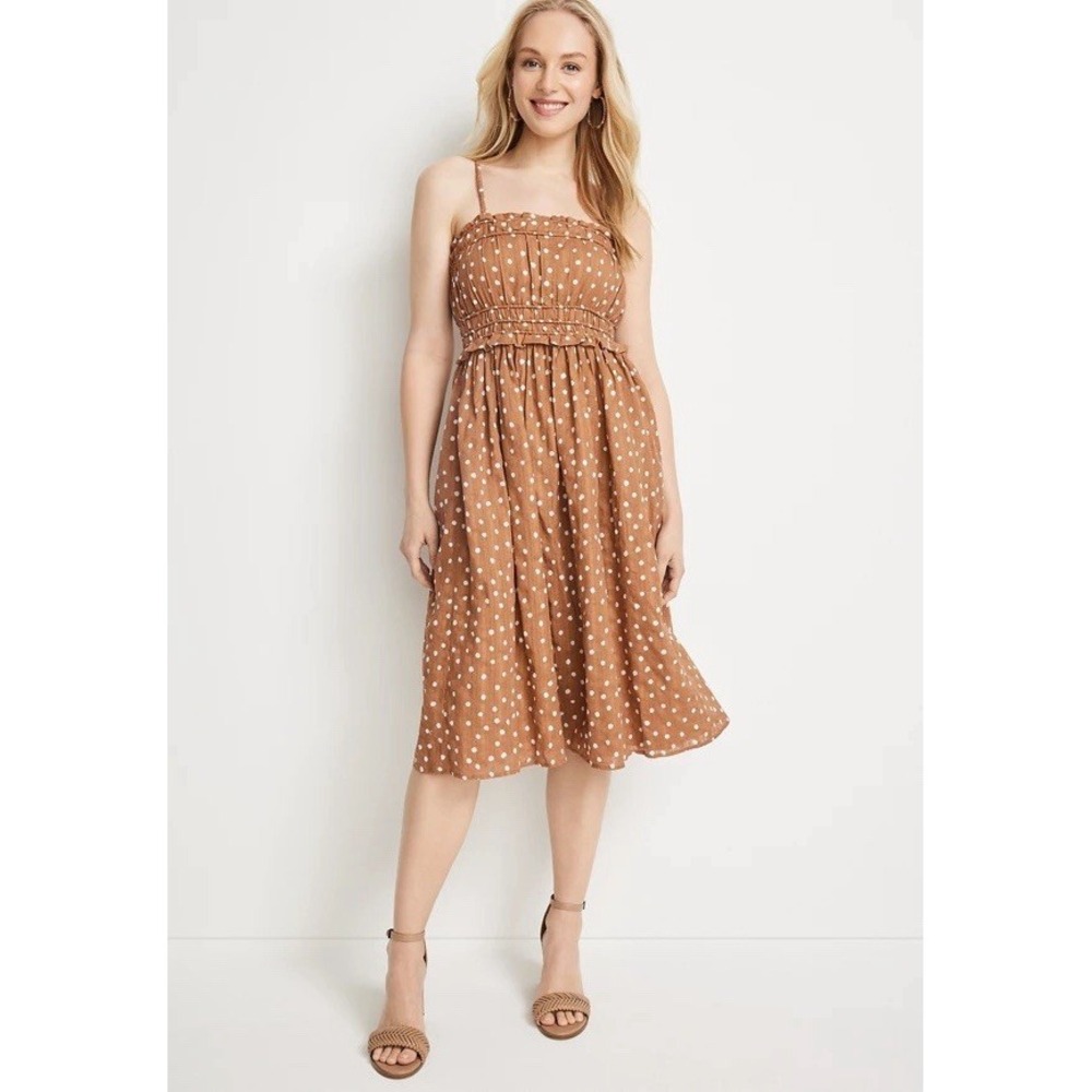 Women's Dress S Brown Polka Dot Midi‎ Coquette Cute Spaghetti Thin Strap Wedding